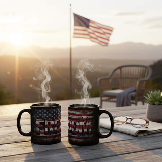Patriotic Freedom Mug Design - Black Coffee Cup - 4th of July Gift - Vintage USA Flag Mug - Red White & Blue - Veteran Appreciation - Independence Day