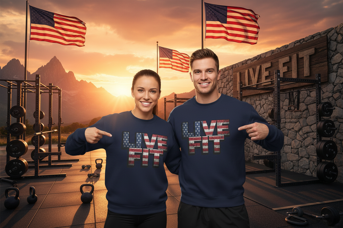 Patriotic Fitness Sweatshirt - American Flag LIVE FIT Design - Red White Blue Crewneck - Unisex S-3XL