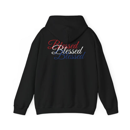 Blessed Hoodie – Patriotic Red, White & Blue Unisex Pullover Sweatshirt with Front & Back Print – Cozy, Positive Vibes Gift