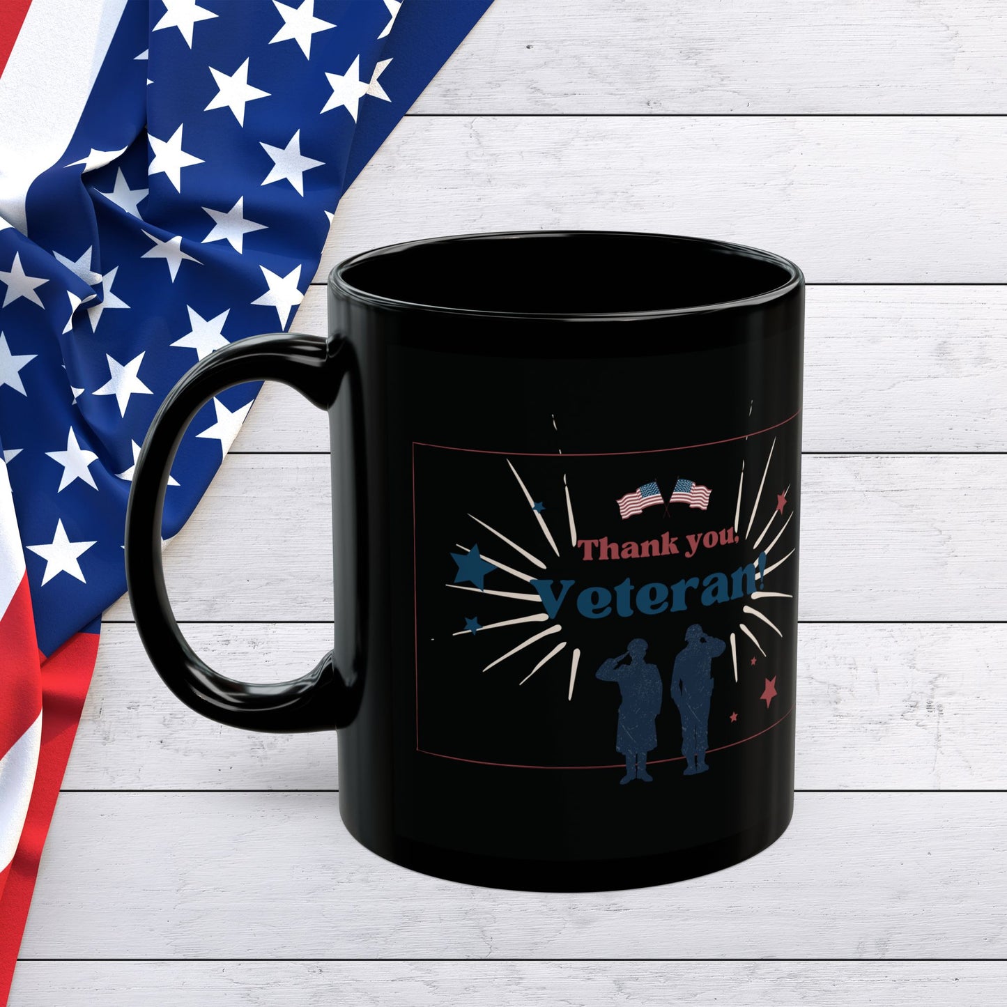 Veteran Appreciation Black Mug — "We appreciate your valiant service to the country" Patriotic Flag Coffee Cup (11oz/15oz)