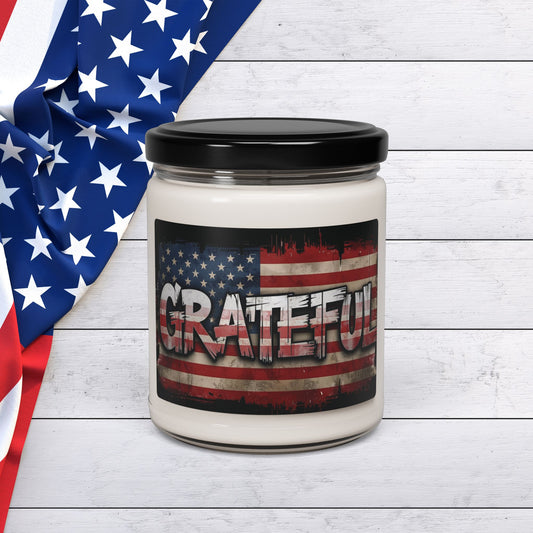 Scented 9oz Soy Candles - Grateful Print -  American Flag Background Design