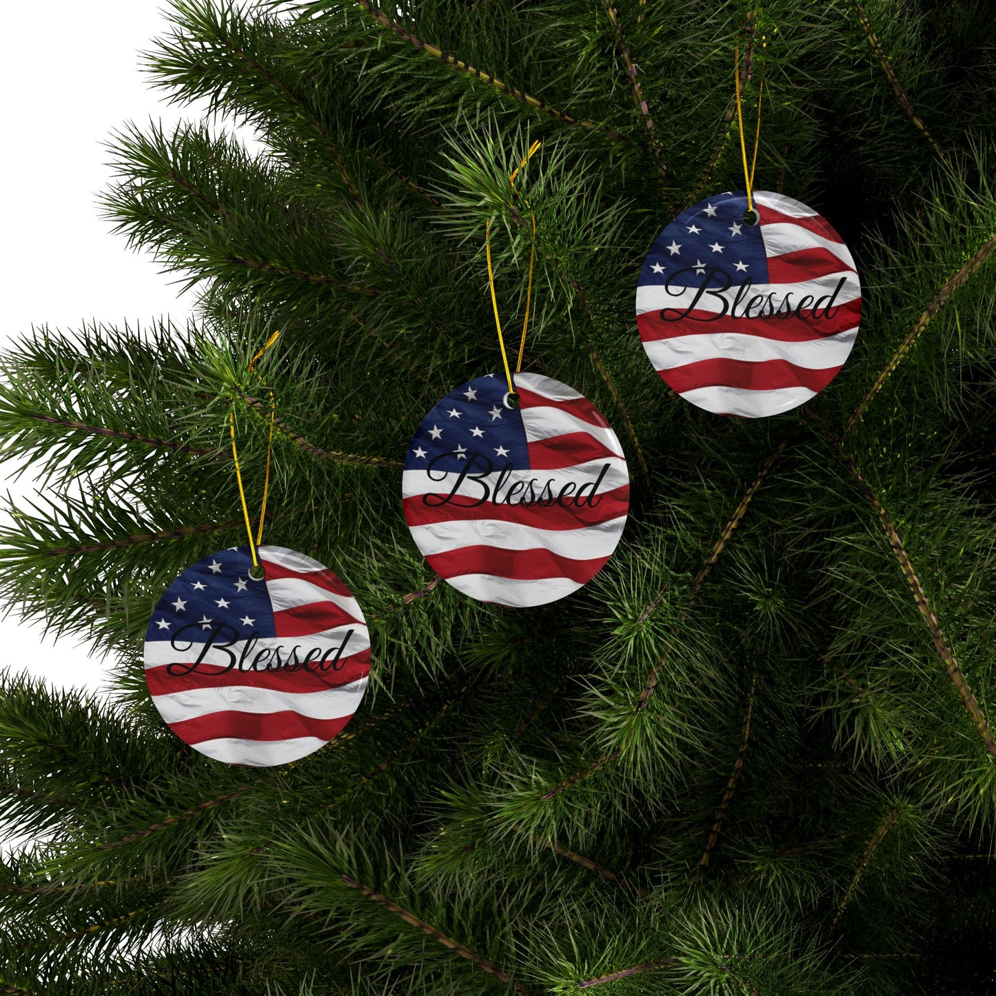 Ceramic Ornaments - Patriotic - Blessed Print - American Flag Backdrop - Red White & Blue