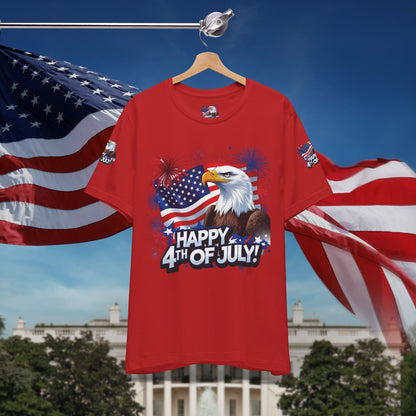 Happy 4th of July,  Print Design, Unisex T-Shirt, Patriotic Print Design, Independence Day Shirt, Red White Blue Shirt, USA Tee Gift, Gift For Her, Gift For Him, American Flag, Bald Eagle
