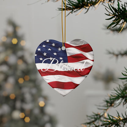 Ceramic Ornaments - White Blessed Print - American Flag Backdrop - Red White & Blue Design (1-10pcs)