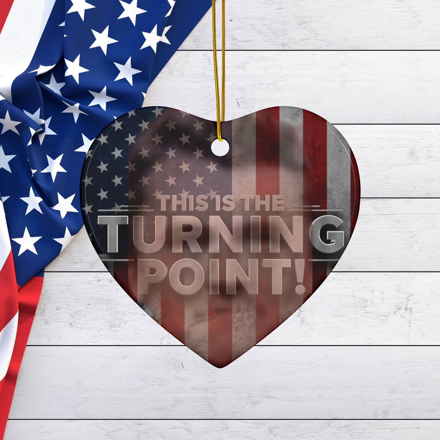 Patriotic Ceramic Ornaments - Charlie Kirk Inspired - This Is The Turning Point! - American Flag Backdrop