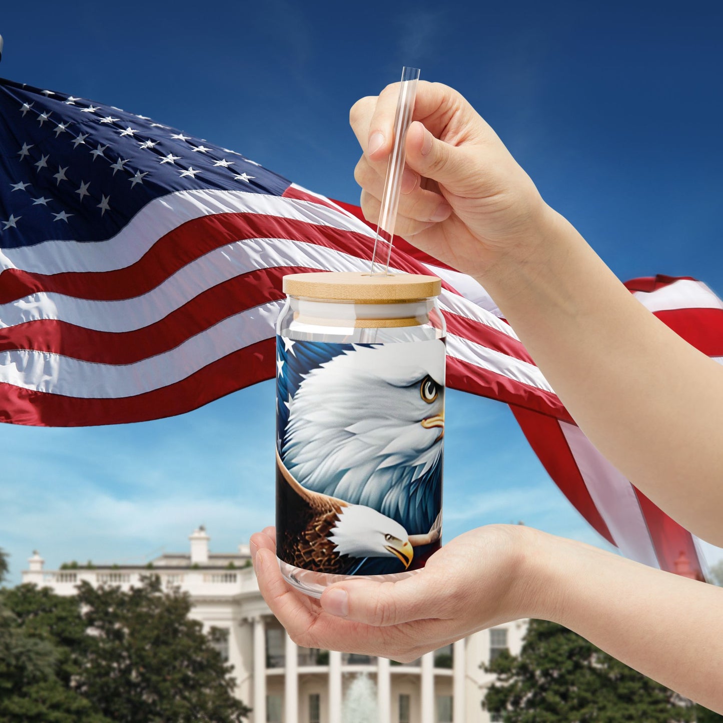 Patriotic American Eagle Sipper Glass - 16oz with Bamboo Lid & Straw - USA Gift