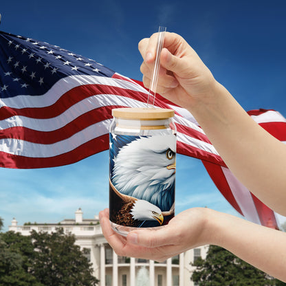 Patriotic American Eagle Sipper Glass - 16oz with Bamboo Lid & Straw - USA Gift