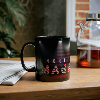 Unapologetically MAGA - Red White Blue - American Flag Spotlight Design - USA Pride - Sleek Black Ceramic Mug - 11oz - 15oz
