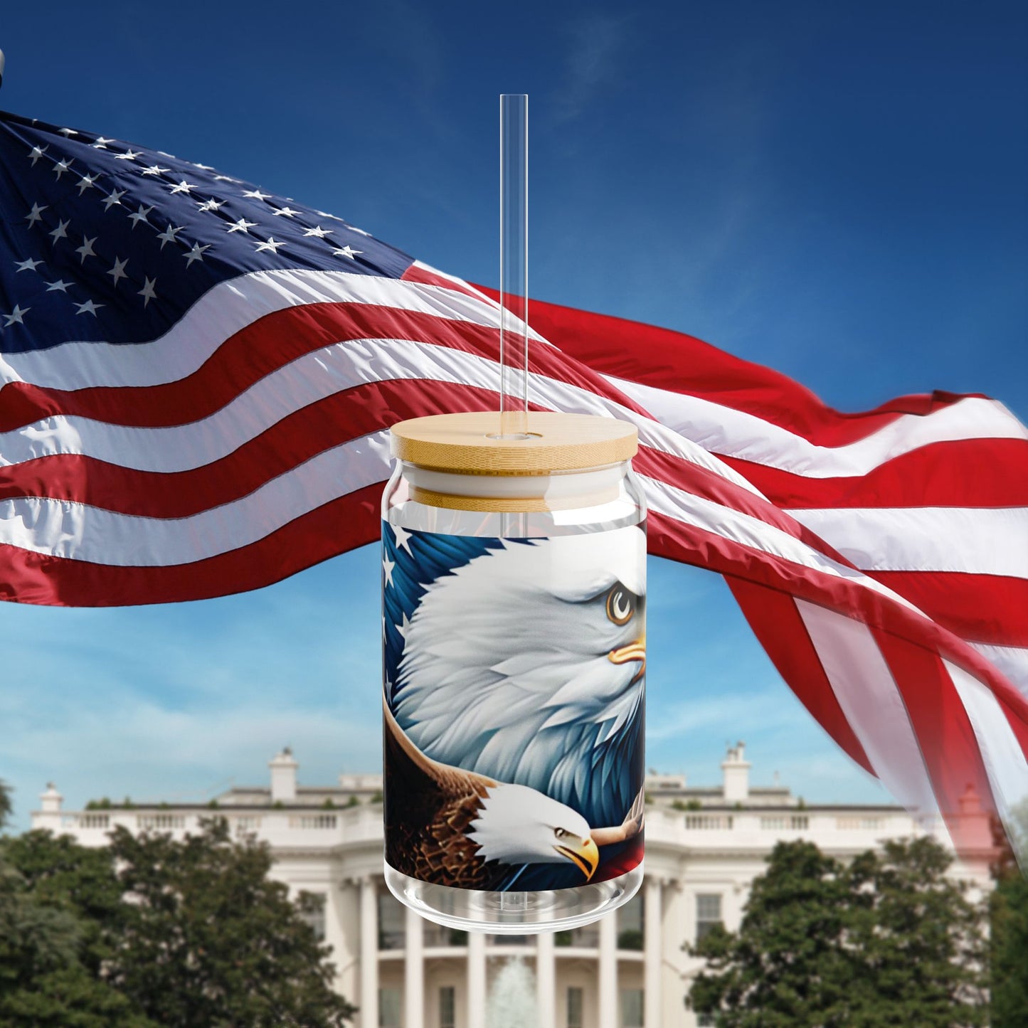 Patriotic American Eagle Sipper Glass - 16oz with Bamboo Lid & Straw - USA Gift