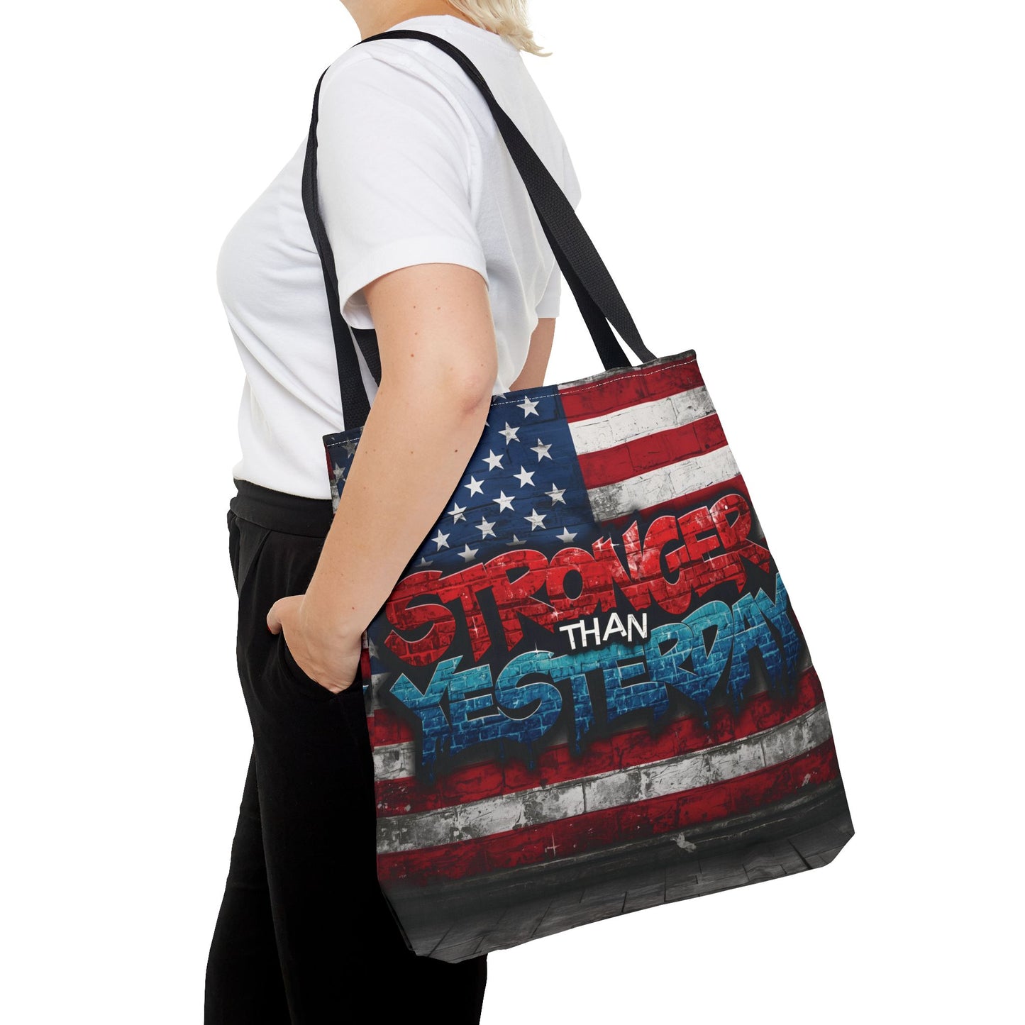 Patriotic Red White Blue Tote Bag - Stronger Than Yesterday - American Flag - Perfect for Fourth of July - Gym - Beach - Shopping - Gifts