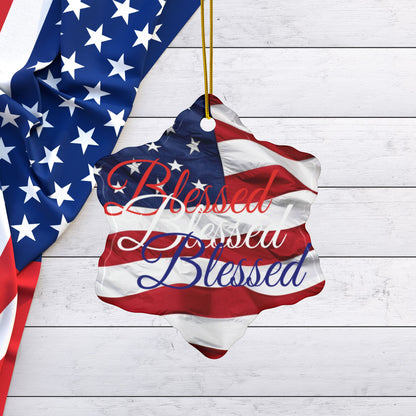 Patriotic Ceramic Ornaments - Blessed Design - American Flag Backdrop - Red White & Blue Blessed Print Design - (Multi-Pack) Options (1, 3, 5, or 10 pieces)