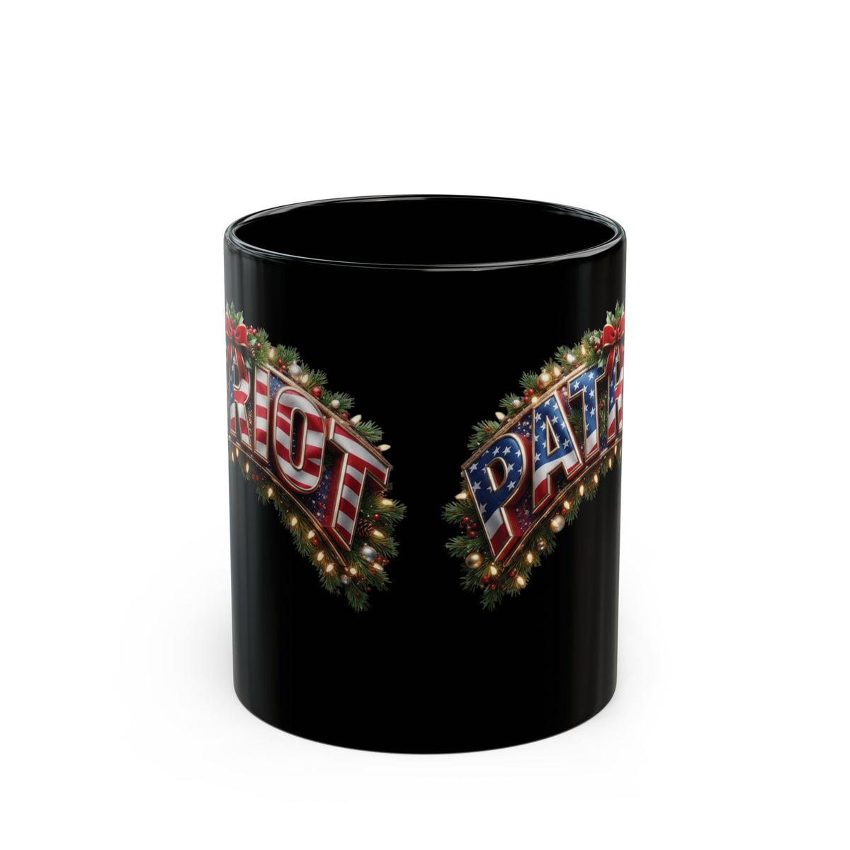 Patriot Holiday Mug — Festive American Flag Lettering on Glossy Black Ceramic Coffee Mug