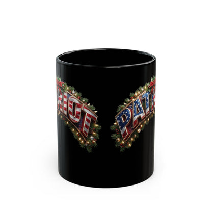 Patriot Holiday Mug — Festive American Flag Lettering on Glossy Black Ceramic Coffee Mug