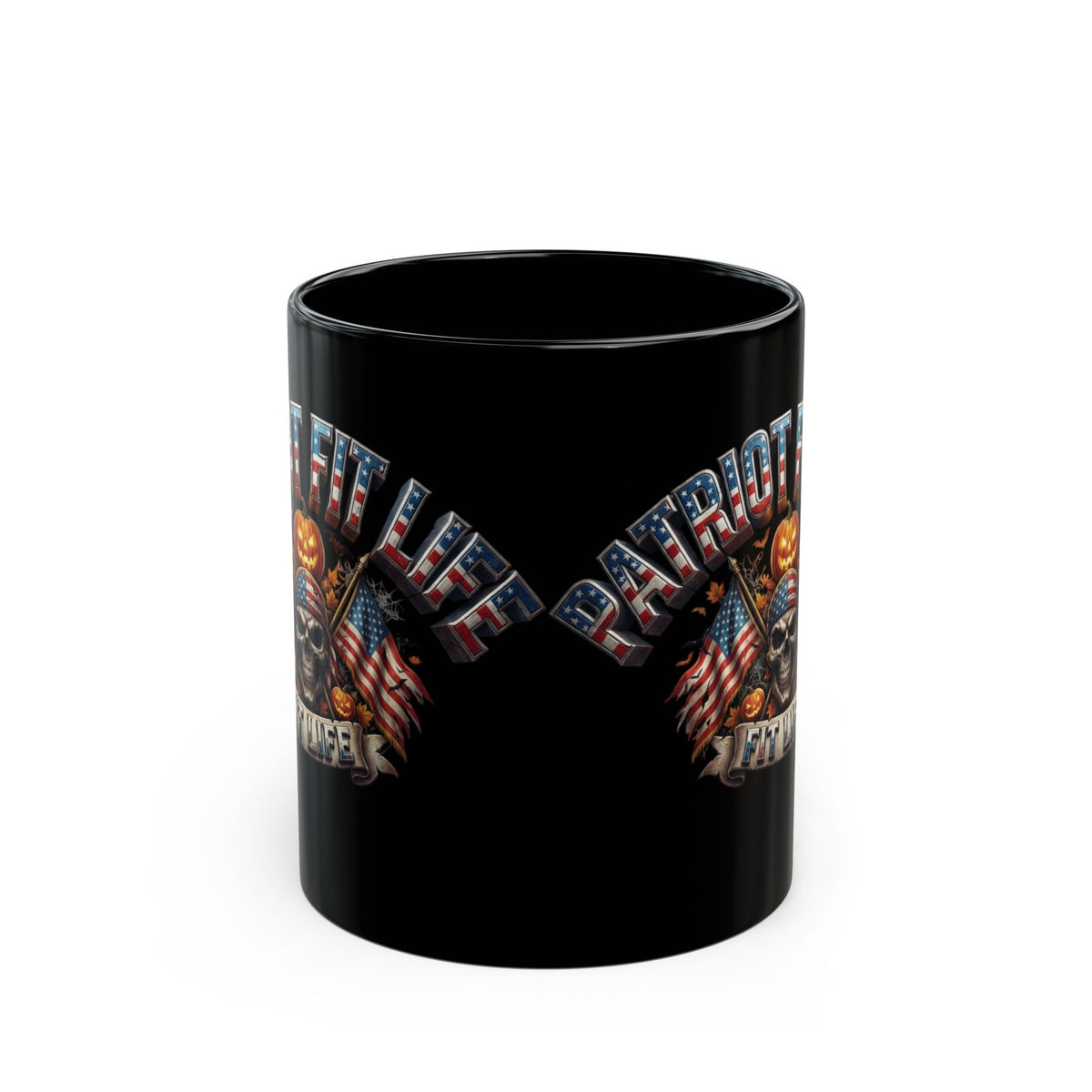 Patriot Fit Life Halloween Coffee Mug - Skull Crossed Flags & Pumpkins | Warrior Edition | 11oz & 15oz