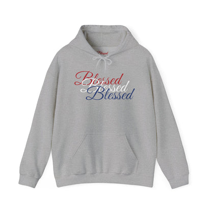 Blessed Hoodie – Patriotic Red, White & Blue Unisex Pullover Sweatshirt with Front & Back Print – Cozy, Positive Vibes Gift