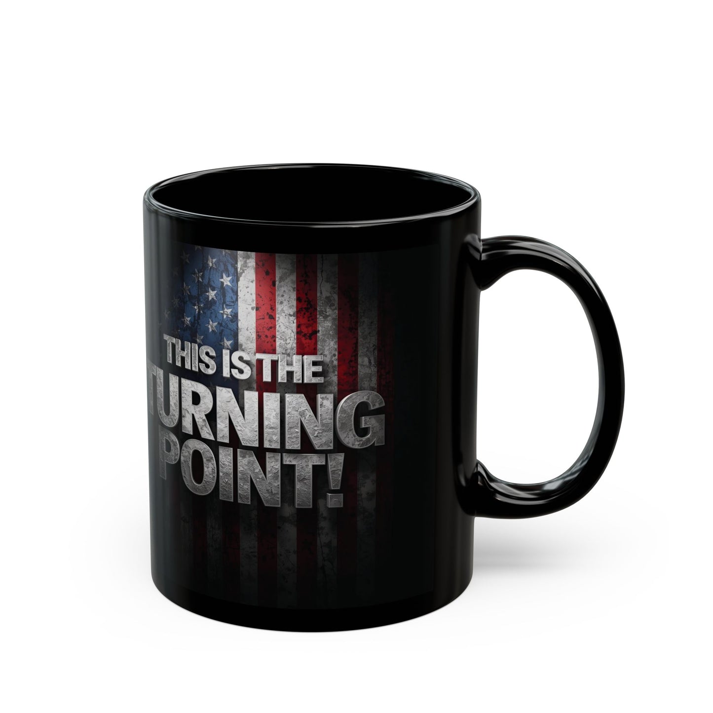 Charlie Kirk - This Is The Turning Point! - American Flag Backdrop - Sleek Black Ceramic Mug - 11oz - 15oz