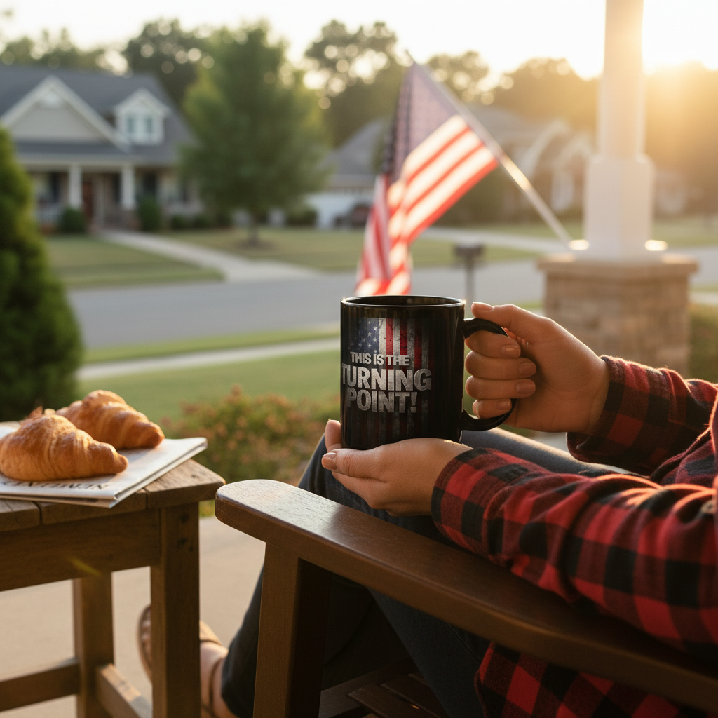 Charlie Kirk - This Is The Turning Point! - American Flag Backdrop - Sleek Black Ceramic Mug - 11oz - 15oz