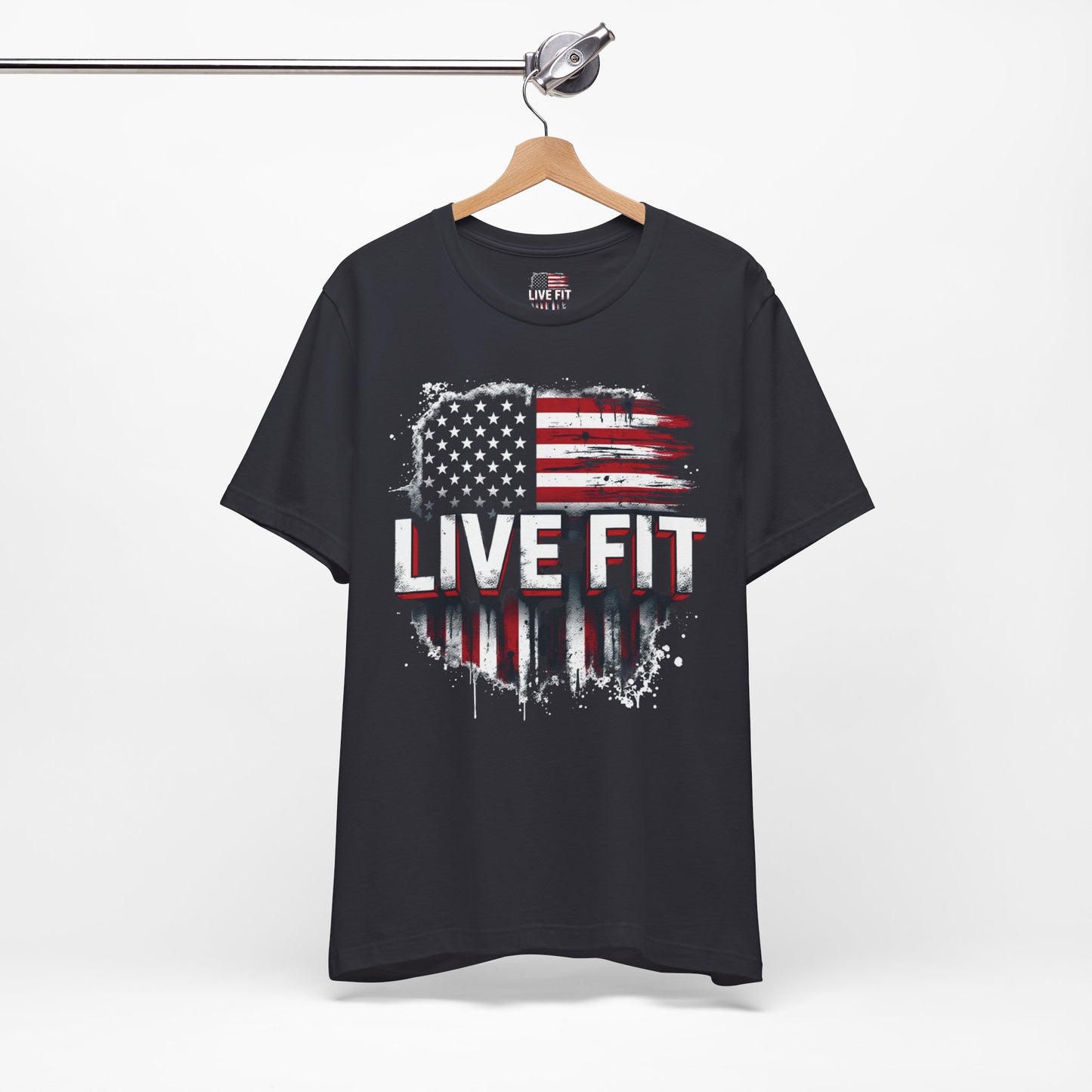 LIVE FIT American Flag T-Shirt - Patriotic Fitness Tee - Distressed USA Flag Design