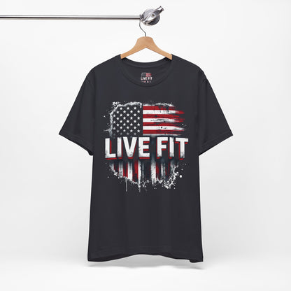 LIVE FIT American Flag T-Shirt - Patriotic Fitness Tee - Distressed USA Flag Design