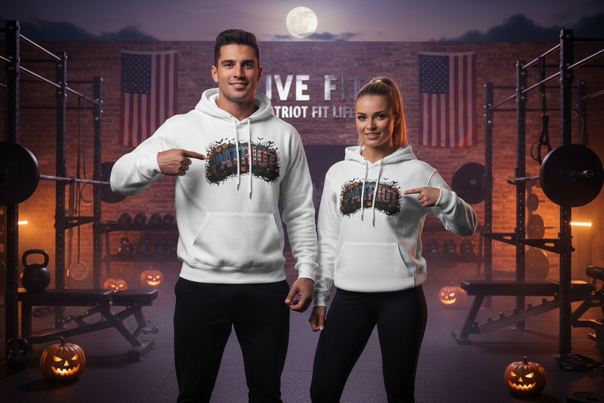A man and a woman standing in a gym wearing matching white hoodies with a Halloween PATRIOT graphic design'.