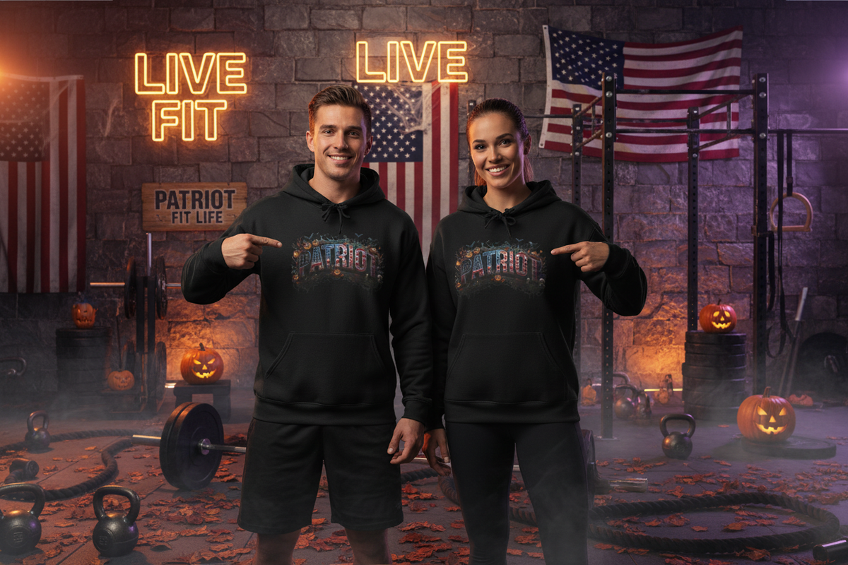 Two models wearing matching black Halloween PATRIOT-design hoodies stand in a gym setting decorated for Halloween, pointing to their chest graphics.