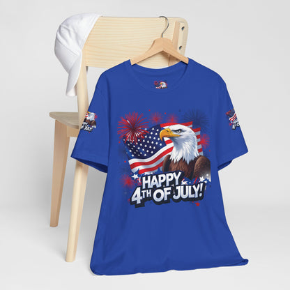 Happy 4th of July,  Print Design, Unisex T-Shirt, Patriotic Print Design, Independence Day Shirt, Red White Blue Shirt, USA Tee Gift, Gift For Her, Gift For Him, American Flag, Bald Eagle