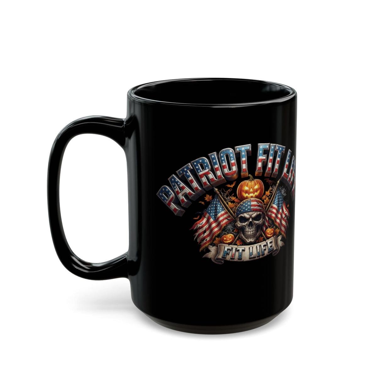Patriot Fit Life Halloween Coffee Mug - Skull Crossed Flags & Pumpkins | Warrior Edition | 11oz & 15oz