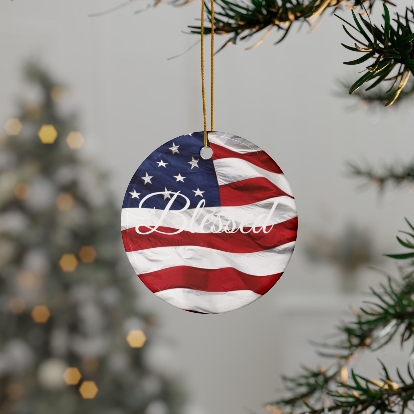 Ceramic Ornaments - White Blessed Print - American Flag Backdrop - Red White & Blue Design (1-10pcs)
