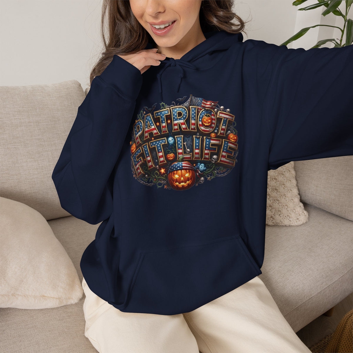 Patriot Fit Life Halloween Pumpkin Haunted House Hoodie - Vintage Spooky Scene