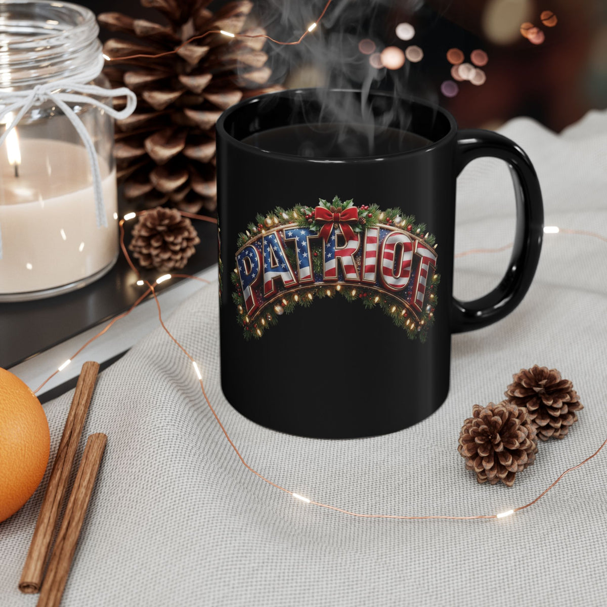 Patriot Holiday Mug — Festive American Flag Lettering on Glossy Black Ceramic Coffee Mug