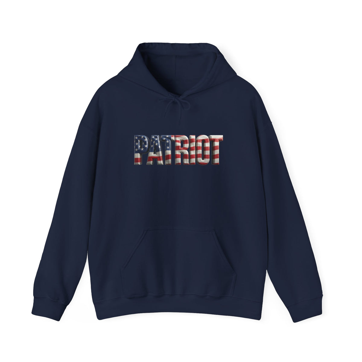 Navy blue hoodie with a colorful PATRIOT graphic on the chest against a white background.