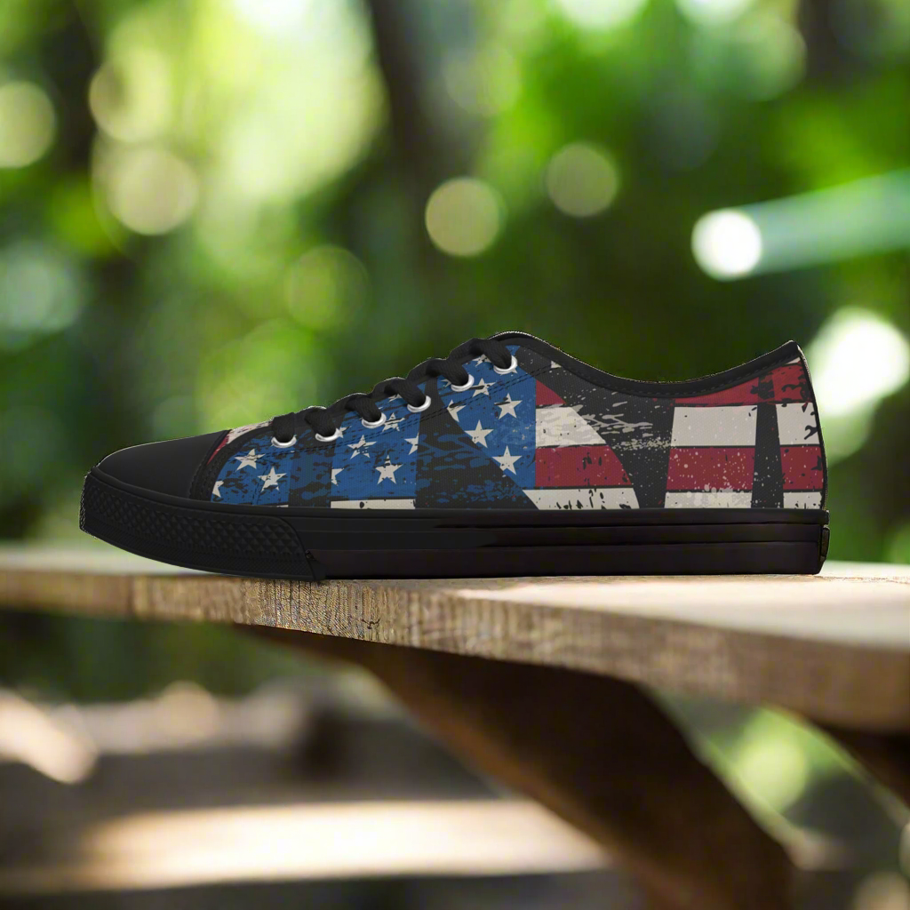 Eye-Catching - All Over Print - USA - Red White & Blue - Low Top Sneakers - Choice of White Sole - or Black Sole