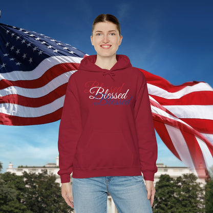 Blessed Hoodie – Patriotic Red, White & Blue Unisex Pullover Sweatshirt with Front & Back Print – Cozy, Positive Vibes Gift