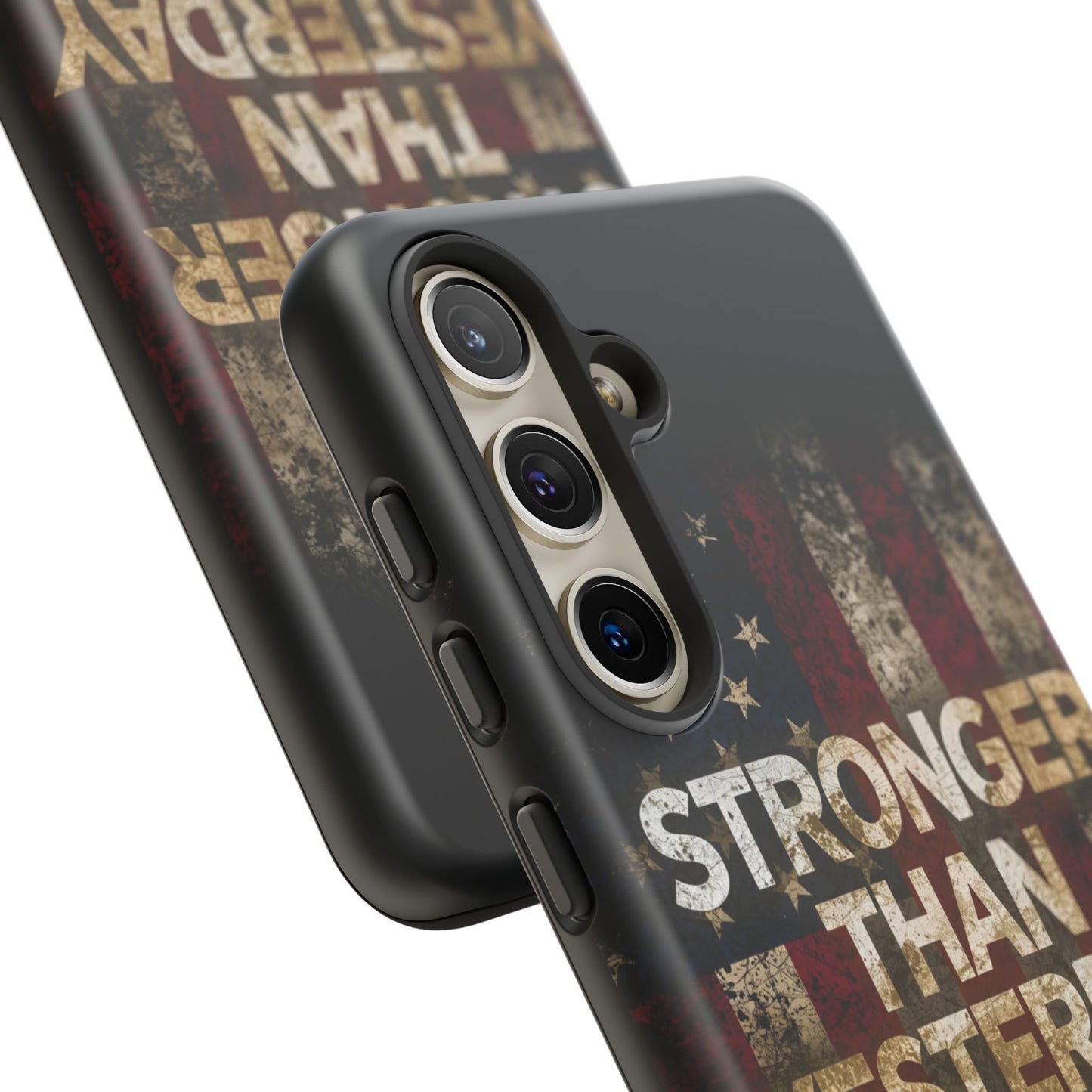 Patriotic Phone Case - Stronger Than Yesterday Print - Against a Vintage American Flag Background - Gift for Veterans, Motivational Quote, USA Pride, Independence Day