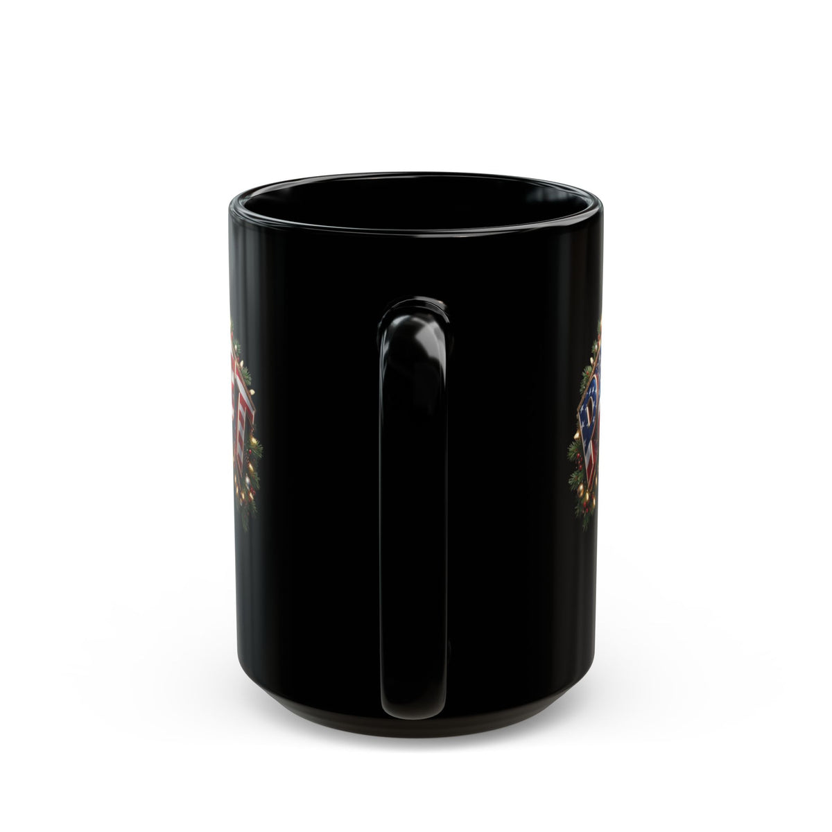 Patriot Holiday Mug — Festive American Flag Lettering on Glossy Black Ceramic Coffee Mug