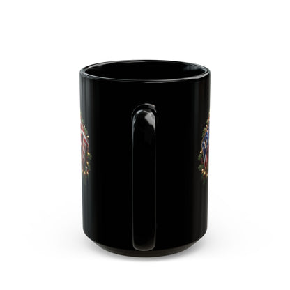 Patriot Holiday Mug — Festive American Flag Lettering on Glossy Black Ceramic Coffee Mug
