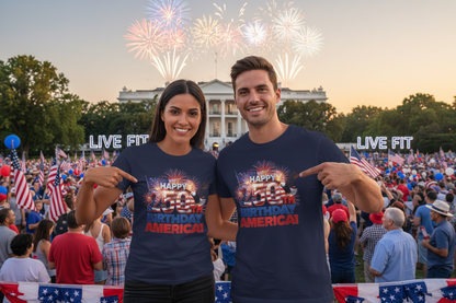 250th Birthday America T-Shirt — Happy Birthday America! Patriotic Eagle & Fireworks Tee