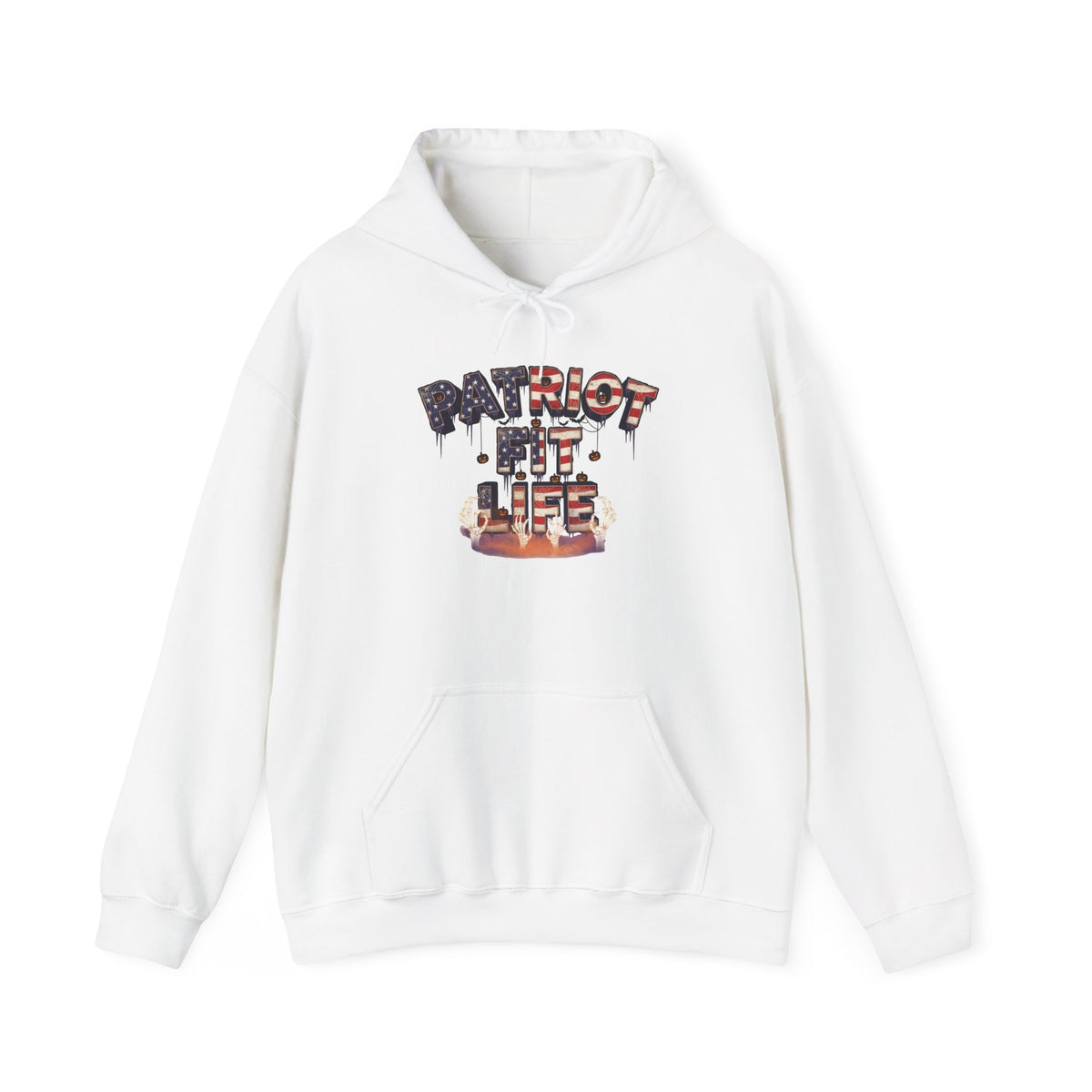 A white pullover hoodie with a graphic on the chest that reads 'PATRIOT FIT LIFE' with an American flag-colored pattern text in a dripping, graffiti-style font. The graphic features red, orange, and black tones with mini pumpkins.