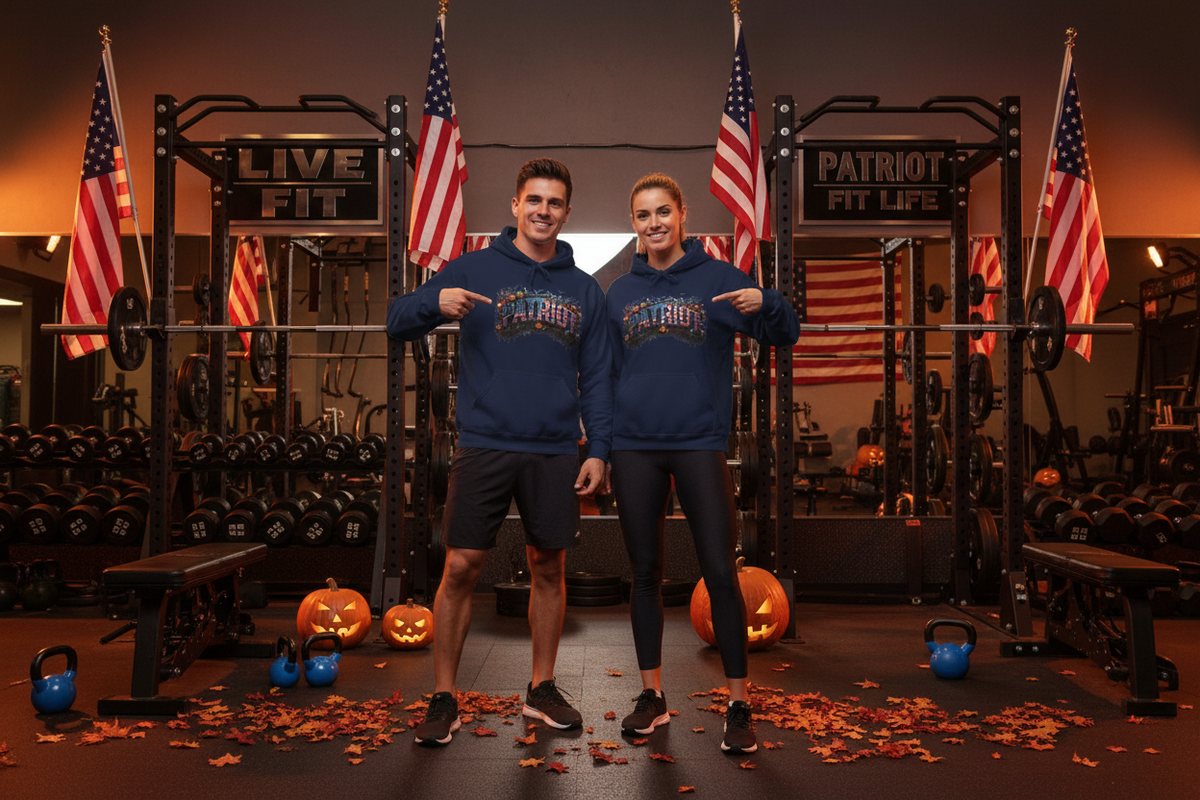 A man and a woman stand in a gym wearing matching navy blue hoodies with a 'Patriot' graphic on the chest. The scene is decorated for Halloween with pumpkins, scattered autumn leaves, and multiple American flags in the background.