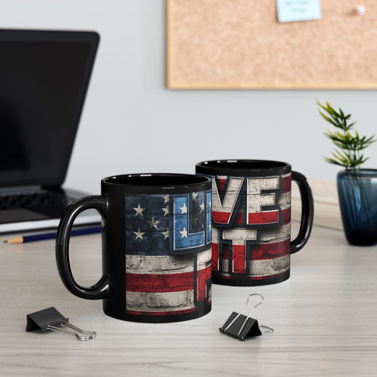 Eye-Catching - Red White Blue - Black Ceramic Mug - LIVE FIT - American Flag Backdrop