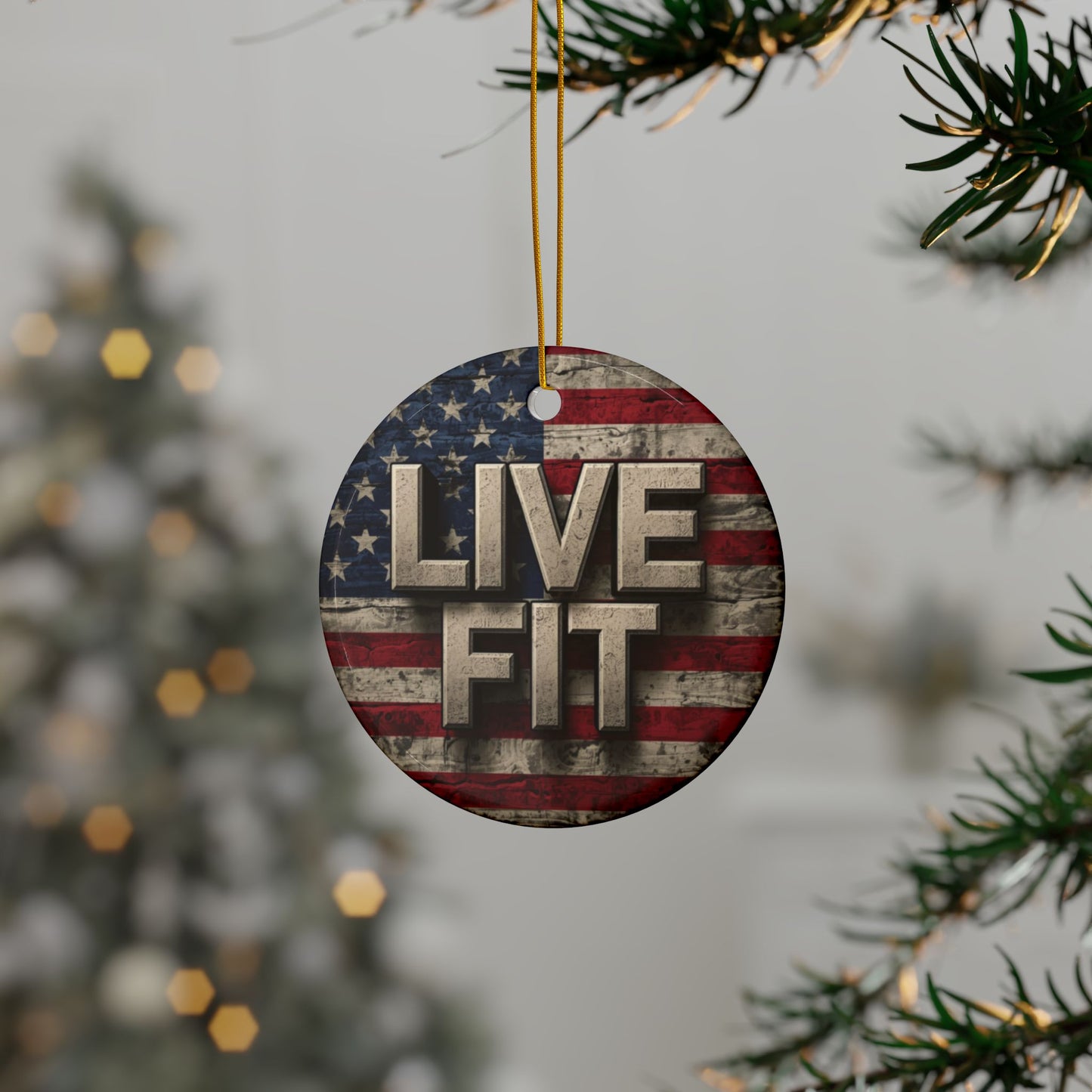 Stunning Patriotic Ceramic Ornaments - Live Fit - Vintage American Flag Backdrop - Decorative Holiday Decor (Various Packs 1-10) - Same Design Both Sides - Fitness