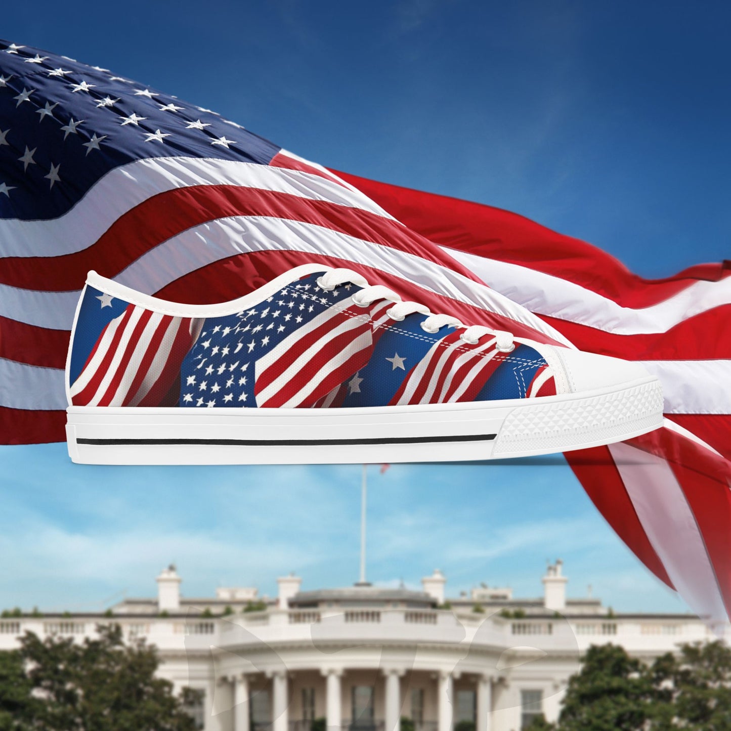 💥👉 Patriotic 💥 Women's Low Top Sneakers 💥 Stars & Stripes Design 💥 White Sole & Black Sole to Choose From 💥
