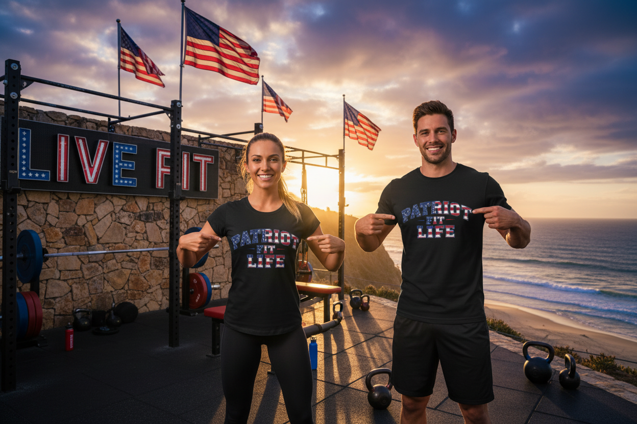 Two people wearing 'Patriot It Life' shirts in a fitness setting with American flags and sunset.