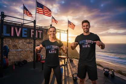 Two people wearing 'Patriot It Life' shirts in a fitness setting with American flags and sunset.