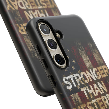 Patriotic Phone Case - Stronger Than Yesterday Print - Against a Vintage American Flag Background - Gift for Veterans, Motivational Quote, USA Pride, Independence Day