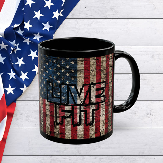 Sleek - Ceramic Black Mug - LIVE FIT - Vintage American Flag Backdrop Design - Gift for Patriots and Coffee Lovers - 11oz - 15oz -