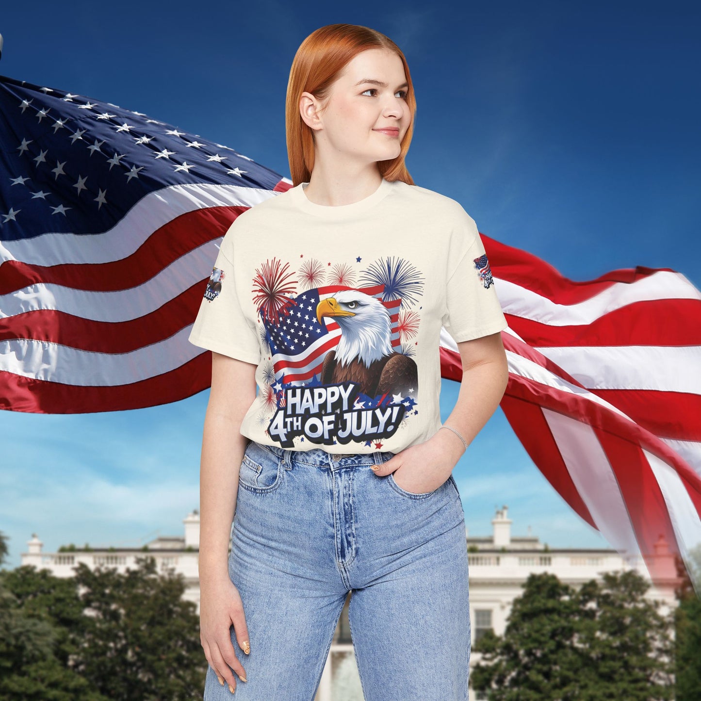 Happy 4th of July,  Print Design, Unisex T-Shirt, Patriotic Print Design, Independence Day Shirt, Red White Blue Shirt, USA Tee Gift, Gift For Her, Gift For Him, American Flag, Bald Eagle