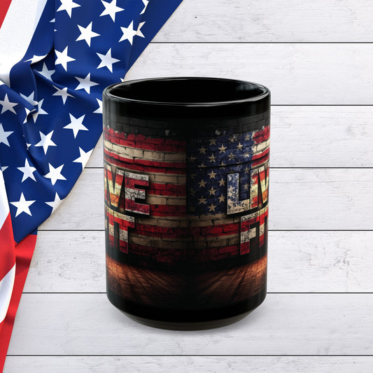 Patriotic Coffee Mug - LIVE FIT Black Ceramic Mug - USA Flag Backdrop Design - Gift for Fitness Enthusiasts - Independence Day - Home Office Decor - 11oz - 15oz -