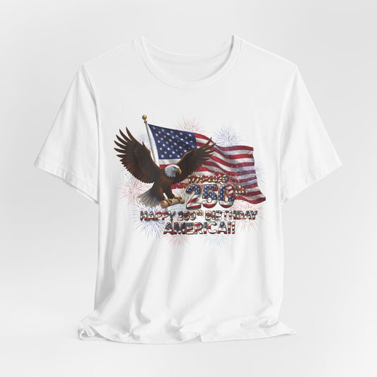 White t-shirt with American flag and eagle design on a white background