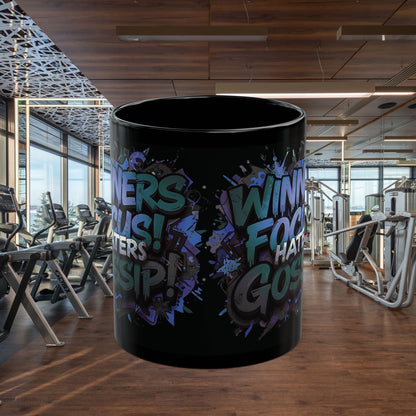 Motivational Black Mug for Winners, Gym Coffee Cup, Inspirational Gift, Home Office Decor, Unique Beverage Container